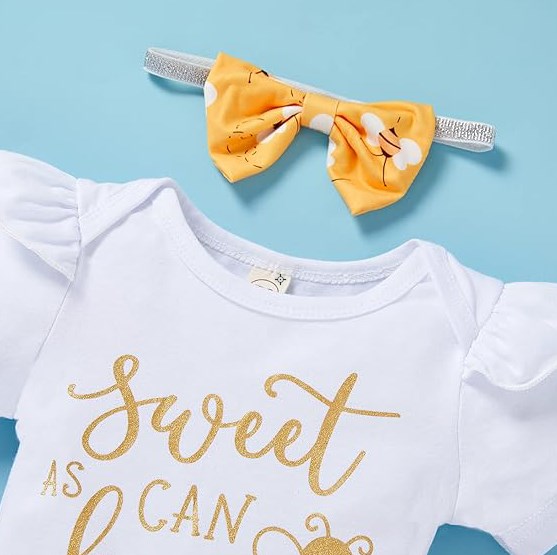 Infant Baby Girl Sweet Bee Outfits Letter Print Romper Honey Bees Pants Bowknot Headband Clothes Set