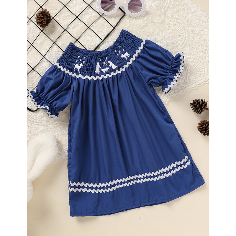 Toddler Infant Girl Christmas Santa Embroidery Short Sleeve Princess Party Dress Smocked Baby Girl Clothes