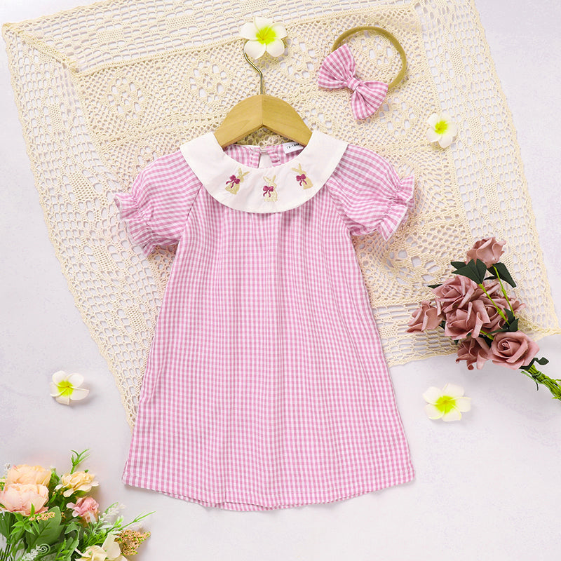 Infant Bbay Girls' Plaid Smocked Dress Short Sleeve Easter Bunny Rabbit Embroidery Casual Fashion Clothes