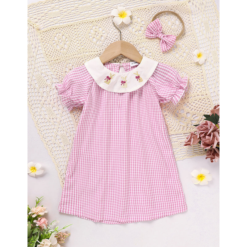 Infant Bbay Girls' Plaid Smocked Dress Short Sleeve Easter Bunny Rabbit Embroidery Casual Fashion Clothes