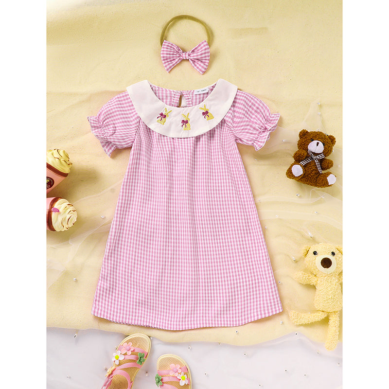 Infant Bbay Girls' Plaid Smocked Dress Short Sleeve Easter Bunny Rabbit Embroidery Casual Fashion Clothes